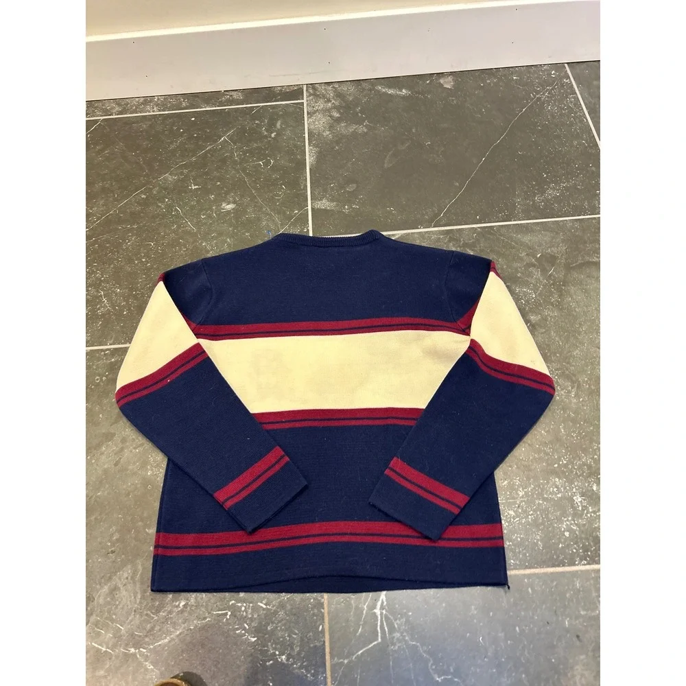 Disney Mickey Mouse Skiing Sweater Mens Navy Blue Red Striped Crewneck Knit